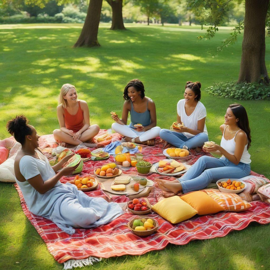 A cozy scene depicting a diverse group of friends enjoying a sunny picnic in a lush green park, radiating warmth and affection. Soft sunlight filters through the trees, casting gentle shadows, while they share smiles, laughter, and heartfelt moments. Include a variety of colorful blankets, food, and flowers to enhance the feeling of endearment. super-realistic. vibrant colors. soft focus.